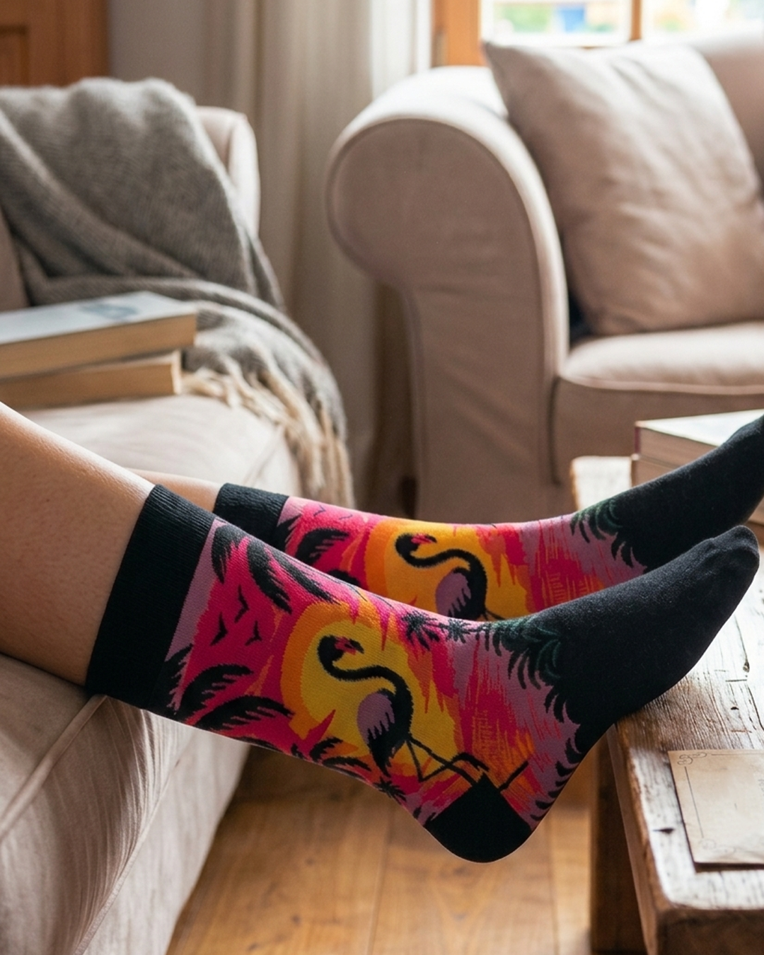 Flamingo Sunset Socks Tropical Funny